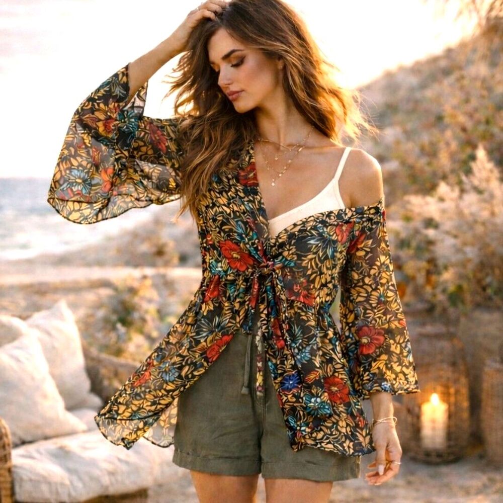 Fairygrunge L Sheer Kimono Top Boho Floral Bell Sleeve Tie Front Coastal Cowgirl